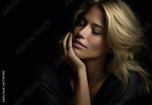 Dramatic portrait of a young beautiful blonde woman in dark colors. Women's beauty and fashion. © Restyler