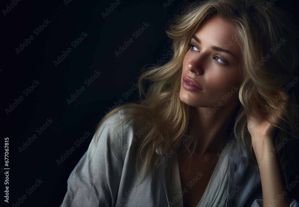 Dramatic portrait of a young beautiful blonde woman in dark colors. Women's beauty and fashion. Dramatic portrait of a young beautiful blonde woman in dark colors. Women's beauty and fashion.
