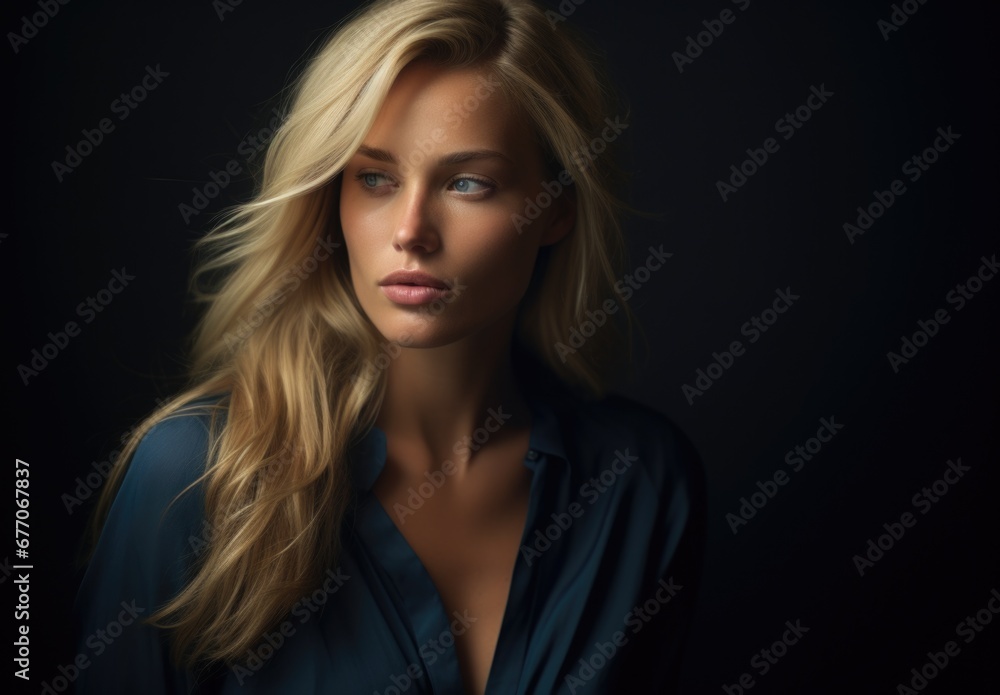 Dramatic portrait of a young beautiful blonde woman in dark colors. Women's beauty and fashion. Dramatic portrait of a young beautiful blonde woman in dark colors. Women's beauty and fashion.
