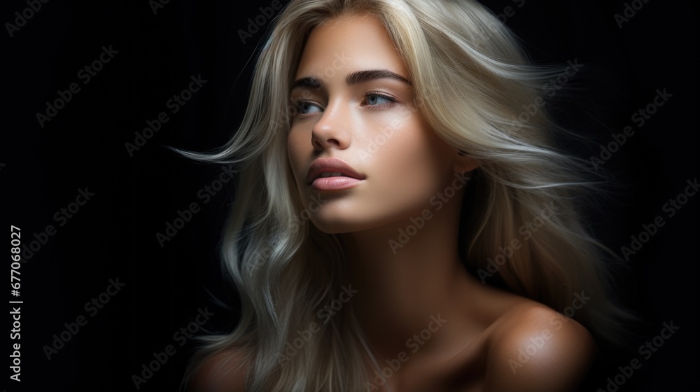 Dramatic portrait of a young beautiful blonde woman in dark colors. Women's beauty and fashion. Dramatic portrait of a young beautiful blonde woman in dark colors. Women's beauty and fashion.