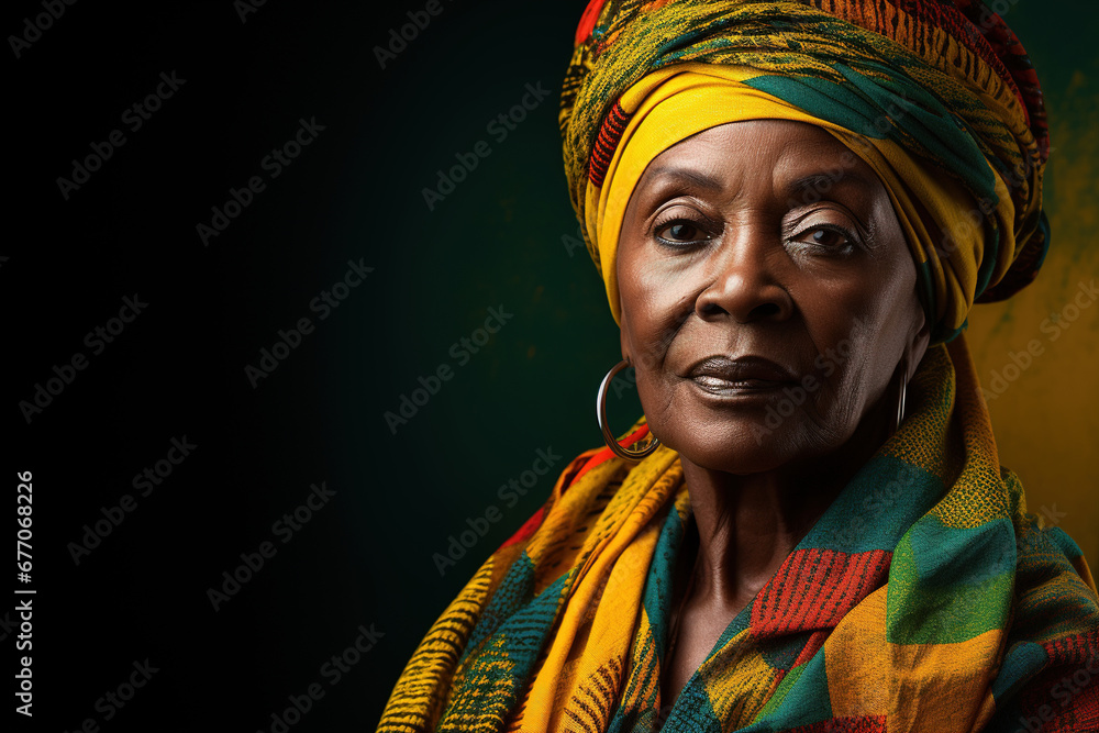 Portrait of a senior African American woman in a traditional outfit of black history month colors, copy space