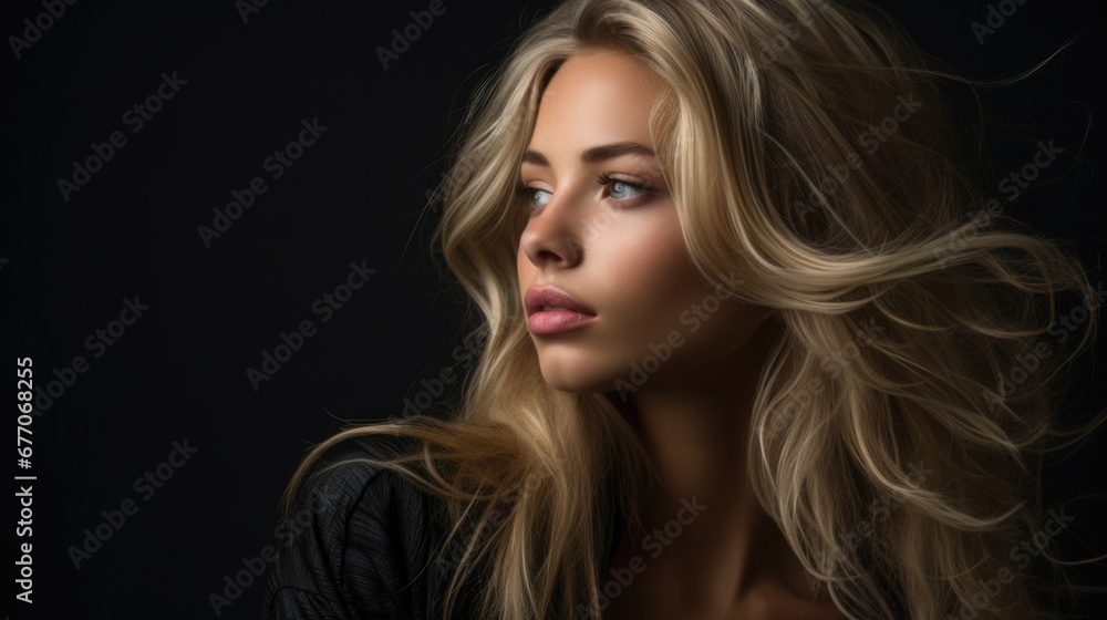 Dramatic portrait of a young beautiful blonde woman in dark colors. Women's beauty and fashion. Dramatic portrait of a young beautiful blonde woman in dark colors. Women's beauty and fashion.