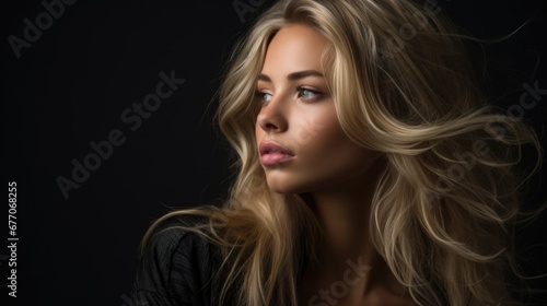 Dramatic portrait of a young beautiful blonde woman in dark colors. Women's beauty and fashion. © Restyler