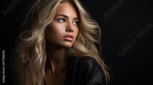 Dramatic portrait of a young beautiful blonde woman in dark colors. Women s beauty and fashion.