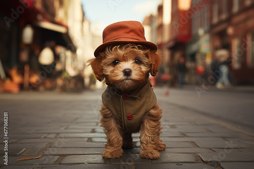 Funny cute pet puppy in clothes and a hat standing on street