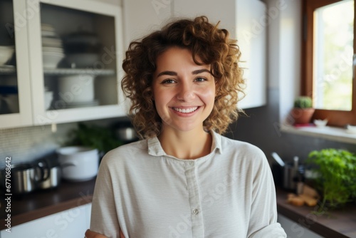 smiling woman standing in kitchen