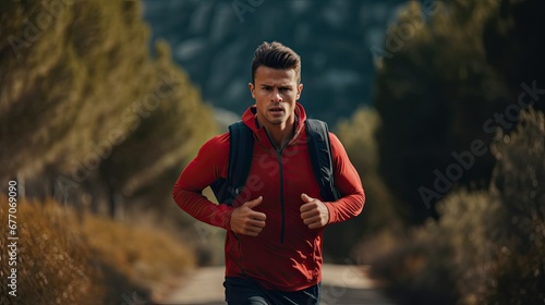 male runner running down a trail - frontal ourdoor shot