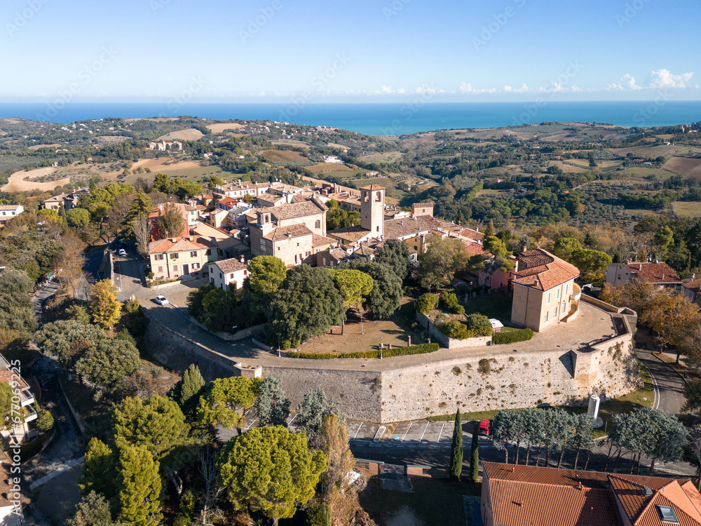 Italy, November 10, 2023 - aerial view of the medieval village of Novilara in the province of Pesaro and Urbino in the Marche region