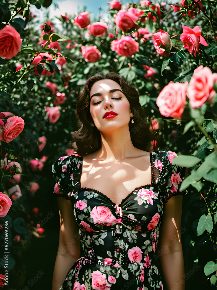 The beautiful girl photography in the rose yard generative by AI The beautiful girl photography in the rose yard generative by AI
