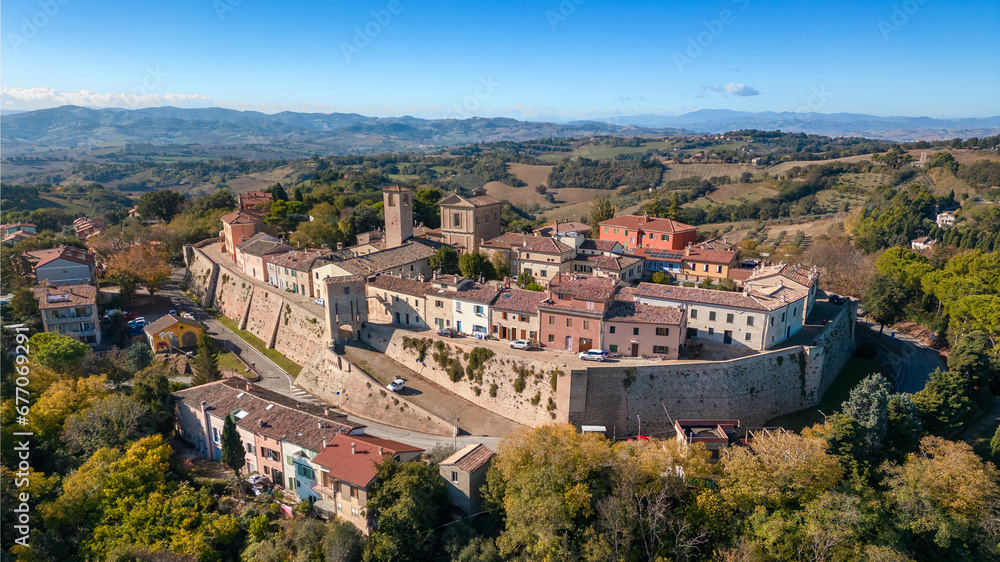 Italy, November 10, 2023 - aerial view of the medieval village of Novilara in the province of Pesaro and Urbino in the Marche region