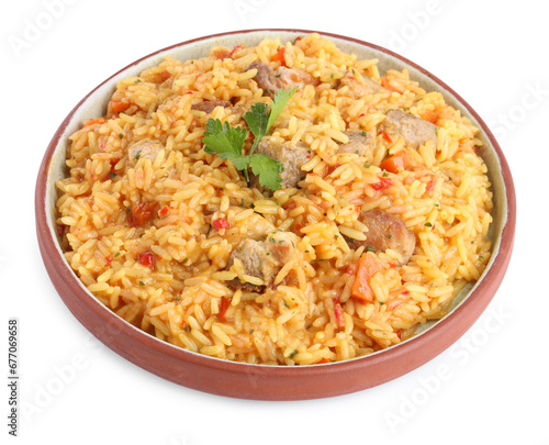 Delicious pilaf with meat isolated on white