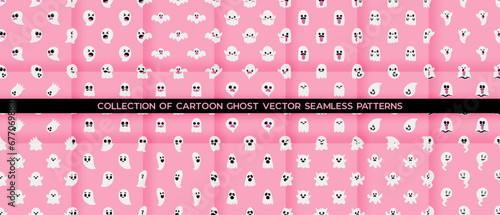 Collection of Cartoon ghost vector seamless pattern background.