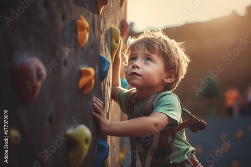 Child rock climbing indoor safety wall. Home fit safety adventure fun rope. Generate Ai photo