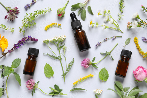 Bottles of essential oils, different herbs and flowers on white background, flat lay