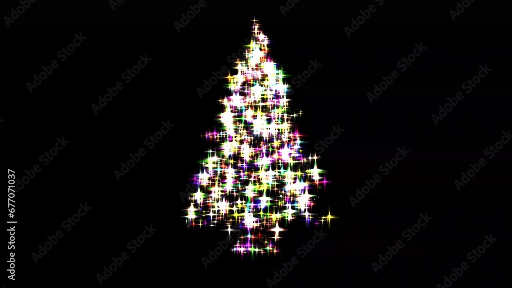Beautiful illustration of Christmas tree with colorful glitter sparkles on plain black background
