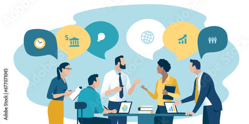 Project. Brainstorming. The team discussing the project. Teamwork concept. Vector illustration.