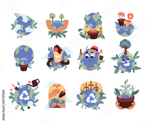 Set of Cute World Environment Day Label Design Collection with Earth Globe Character. Save Earth Day Template. Awareness Problem Protection.