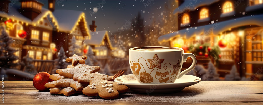 Fototapeta premium Christmas cup of the cinnamon tea and cake with decoration on the wooden table .