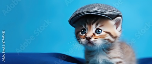 A small kitten in a cap on a blue background, copy space