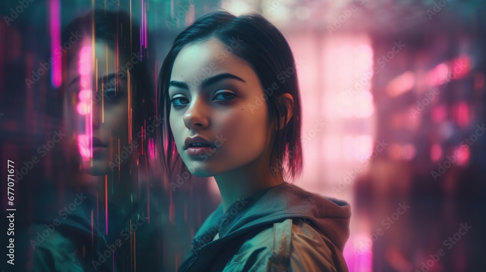 Cyberpunk Reflections: Young Woman's Portrait in Neon Cyberpunk Reflections: Young Woman's Portrait in Neon