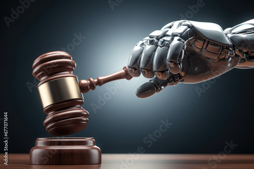 Robotic hand holding a wooden judge's gavel. photo