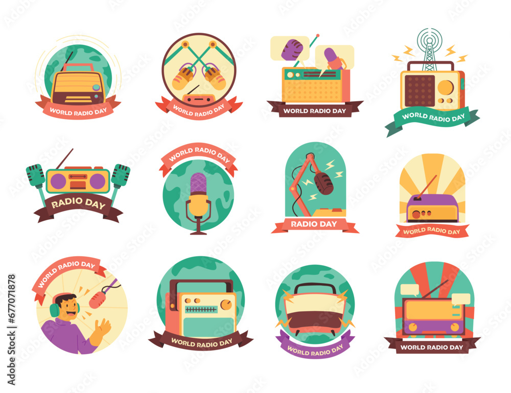 Fototapeta premium Set of National World Radio Day Badge Label Design. Vintage Old Radio Collection with Blank Ribbon Banner. Tuner Receiver Classic Device Icon Symbol Template