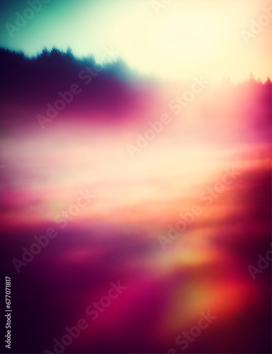 This image shows a foggy field in the morning. The sun is shining through the fog, creating a blurred effect.