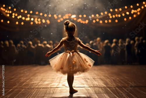A little girl ballerina goes on the big stage, rear view. AI generative photo
