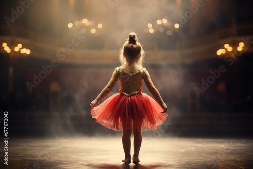 A little girl ballerina goes on the big stage, rear view. AI generative