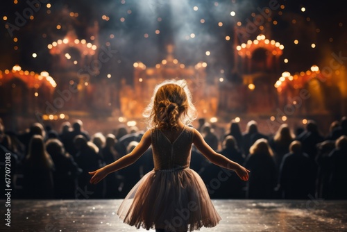 A little girl ballerina goes on the big stage, rear view. AI generative photo