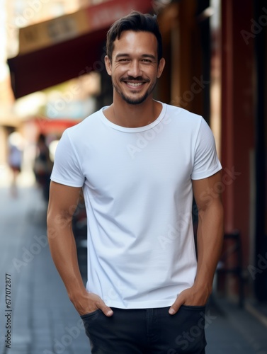 a man in white tshirt smiling and looking at the camera for Mockup tshirt