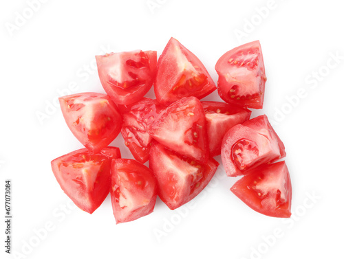 Pieces of red ripe tomato isolated on white, top view