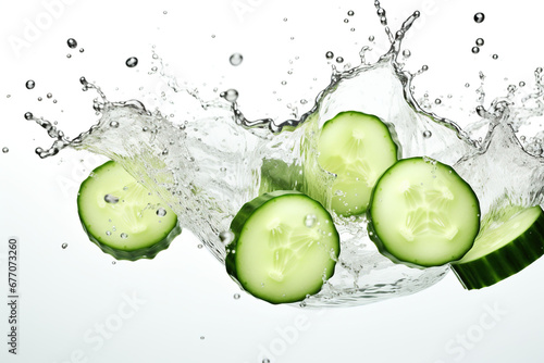 Cucumber slices falling into water with splash isolated on white background.
