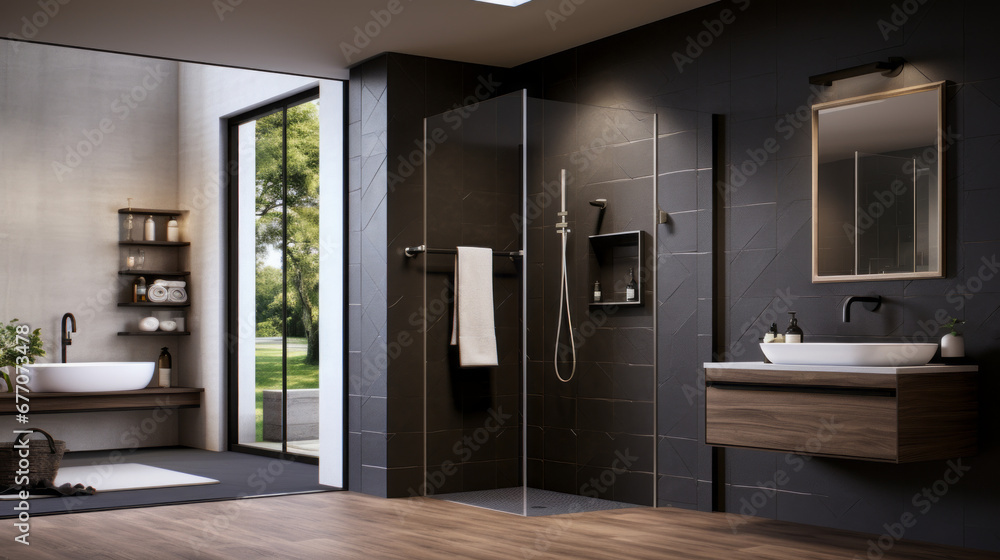 A luxurious bathroom features a walk-in shower with a rainfall shower head and a double vanity with a built-in mirror A luxurious bathroom features a walk-in shower with a rainfall shower head and a double vanity with a built-in mirror