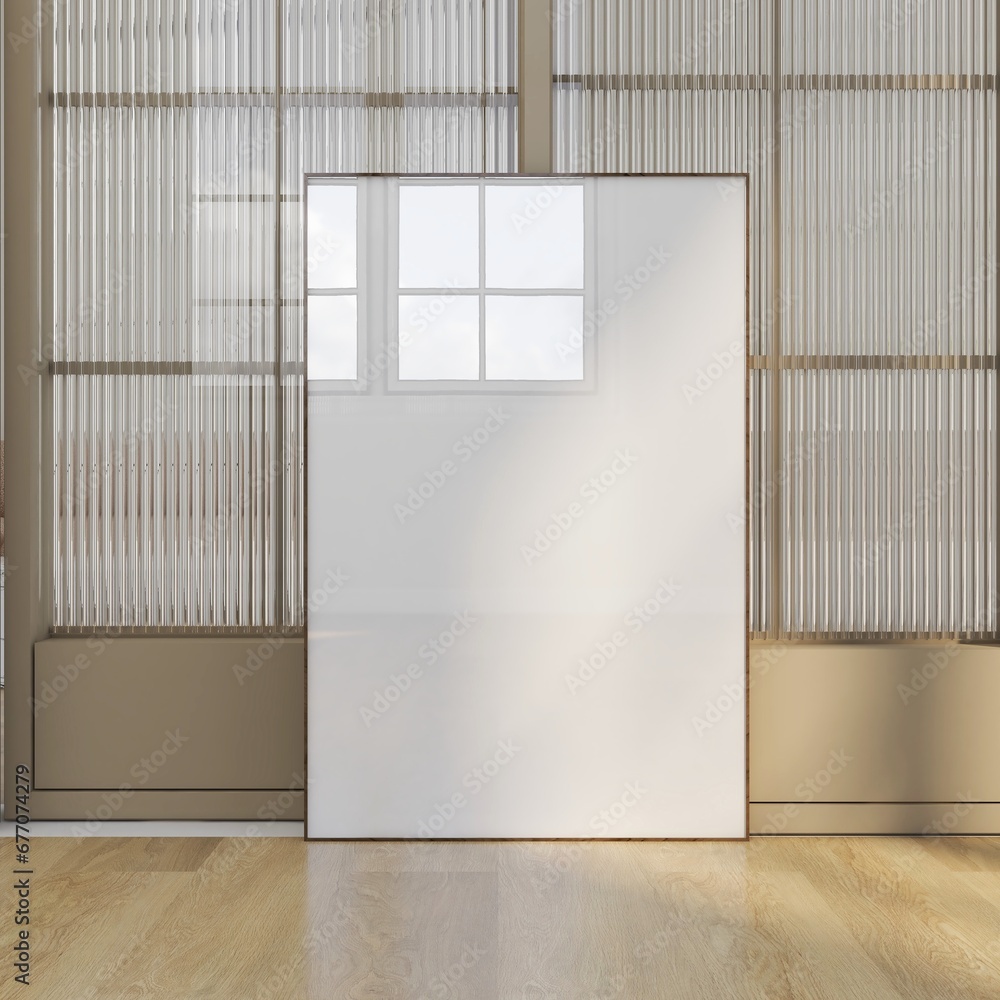 Mockup frame close up on wooden floor against corrugated glass door. Modern interior, empty white poster mock up. 3D illustration, realistic render. Mockup frame close up on wooden floor against corrugated glass door. Modern interior, empty white poster mock up. 3D illustration, realistic render.