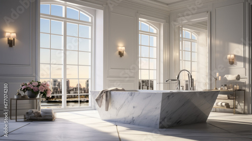 a luxurious bathroom with a marble floor and a large jacuzzi tub and a modern vanity with a sink