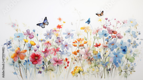 A pastel watercolor drawing of small colorful flowers and butterflies © Veniamin Kraskov