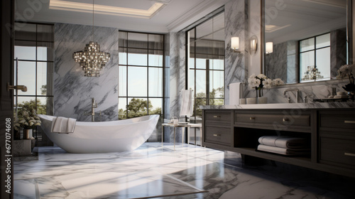 a luxurious bathroom with a large marble shower and a vanity with a marble countertop and a freestanding tub © Textures & Patterns