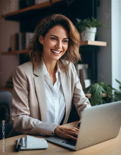 Lawyer, laptop, policy review feedback or legal consulting schedule in corporate law firm. Smile, happy attorney woman on laptop