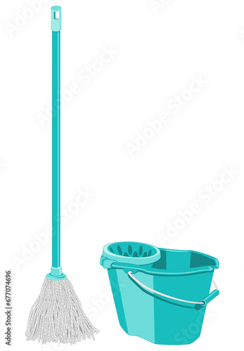 Un seau de nettoyage avec son balais serpillière à frange, bleu.