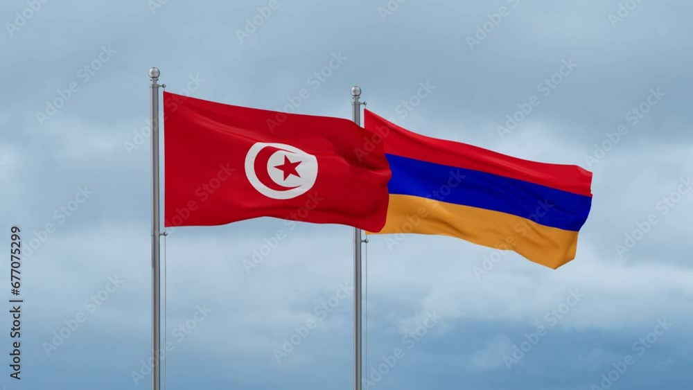 Armenia and Tunisia flag waving together on cloudy sky, endless seamless loop, two country cooperation concept Armenia and Tunisia flag waving together on cloudy sky, endless seamless loop, two country cooperation concept