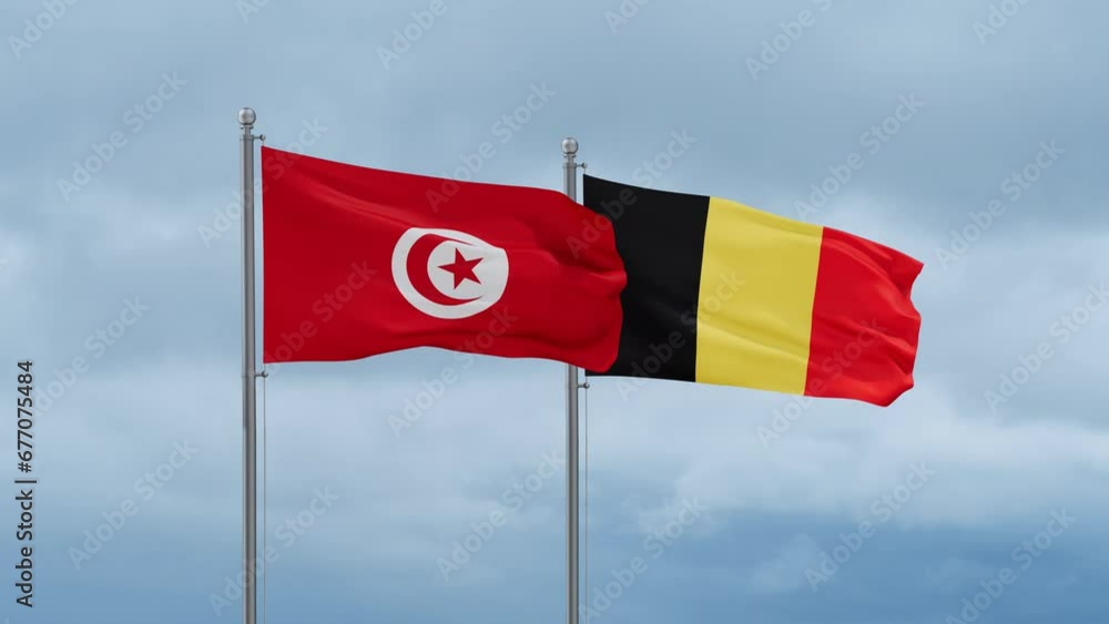 Belgium flag and Tunisia flag waving together on cloudy sky, endless seamless loop, two country relations concept Belgium flag and Tunisia flag waving together on cloudy sky, endless seamless loop, two country relations concept