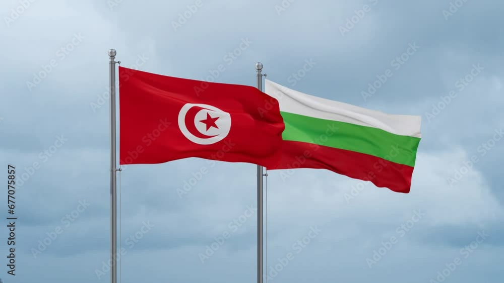 Bulgaria flag and Tunisia flag waving together on cloudy sky, endless seamless loop, two country relations concept Bulgaria flag and Tunisia flag waving together on cloudy sky, endless seamless loop, two country relations concept