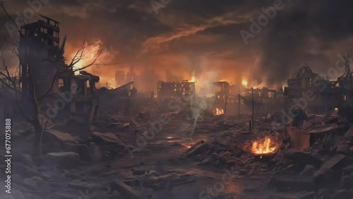 city ruin after apocalypse war, looping video animation