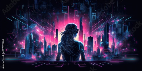 Metaverse Digital girl in cyber world virtual reality, Futuristic lifestyle. Woman in glasses look at city with neon blur lines and lights