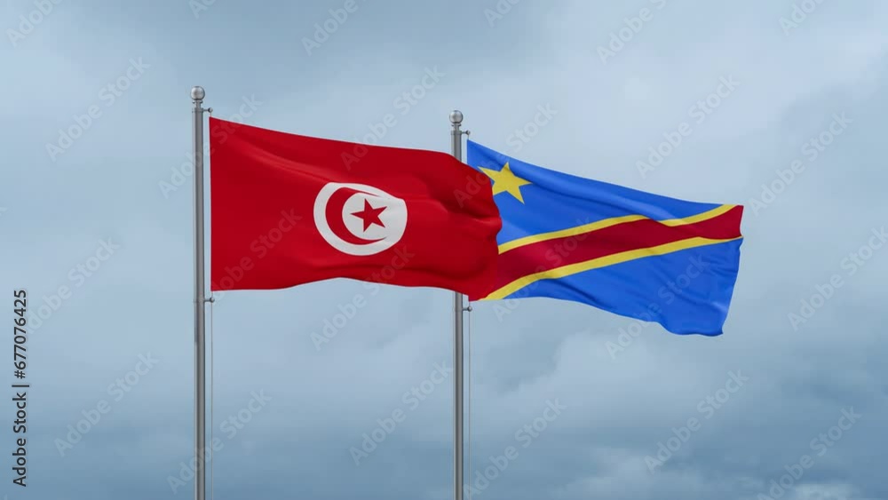 Democratic Republic of the Congo flag and Tunisia flag waving together on cloudy sky, endless seamless loop, two country relations concept Democratic Republic of the Congo flag and Tunisia flag waving together on cloudy sky, endless seamless loop, two country relations concept