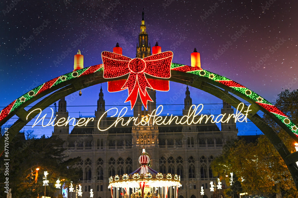 Obraz na płótnie Christmas market on Rathausplatz in Vienna holiday season w salonie