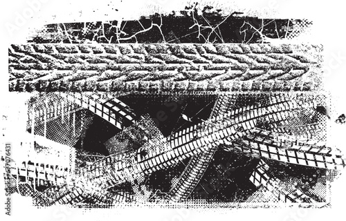 Vector Print Textured Tire Track . Design Element . Car tread silhouette . Mud splash grunge tire texture. Tyre track banner .