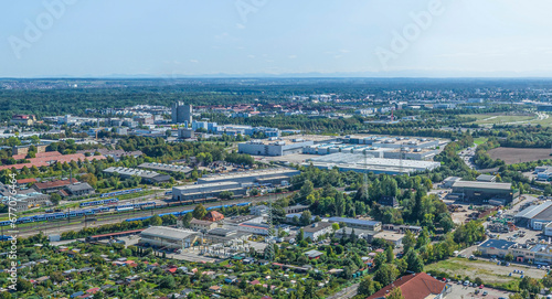 Fototapeta Naklejka Na Ścianę i Meble -  Ausblick auf Augsburg aus der Luft, Blick nach Südosten über die Bahnanlagen zur Messe