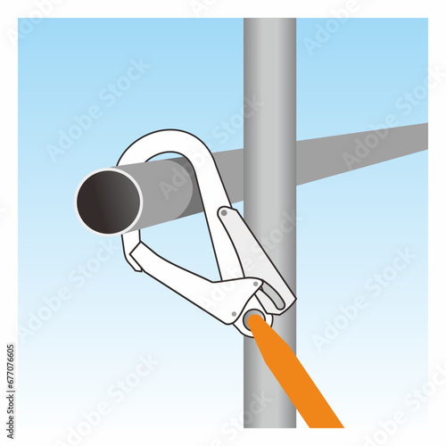 Wrong safety harness anchorage method. Open end pipe and hook connection illustration. Industrial, construction personal protective equipment.